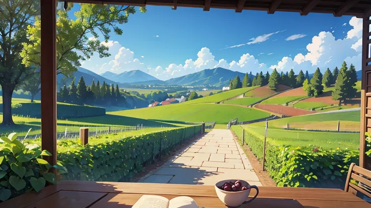 Create a landscape in central perspective where you can see a wine vineyard