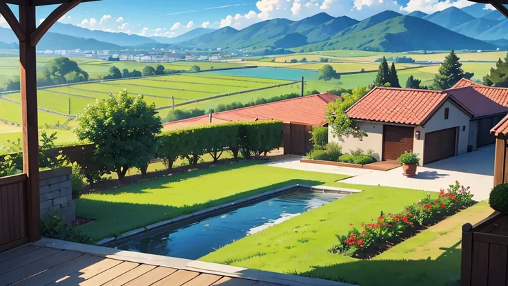 Create a landscape in central perspective where you can see a wine vineyard