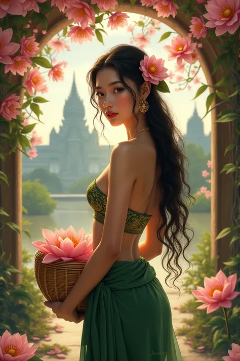 (photo realistic:1.4), A Cambodian beauty stands under a lush cherry blossom arbor, long flowering curly hair adorned with delicate Jasmin flowers and jewelleries, her face serene as she looks directly at the viewer. She wears a white traditional tube top ...