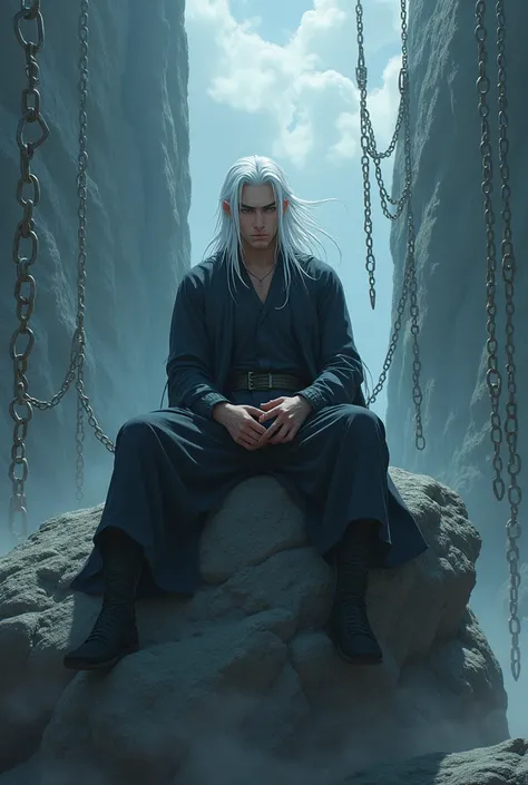 Man with white hair sitting on a large rock with anime style chains


