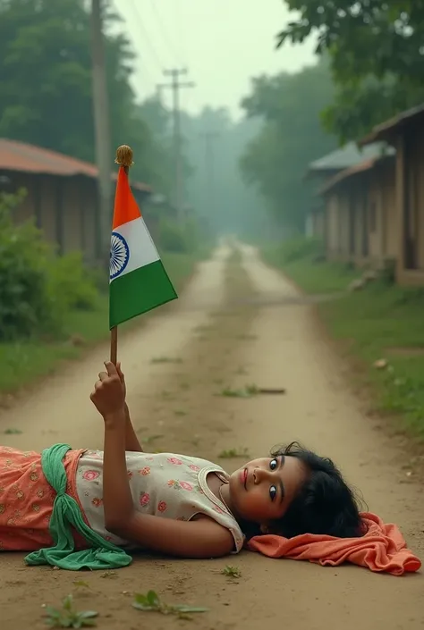 At the corner of the village road a girl lies  but with an Indian flag in her hand This photo will not contain any other characters