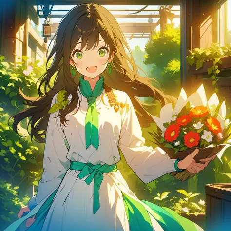 A boyish girl with long dark brown hair and green eyes、Highlight on eyes、celebration、bouquet、Detailed facial expressions、smile、whole body、Uplifting、smiling、Jumping、No background、Draw a single person