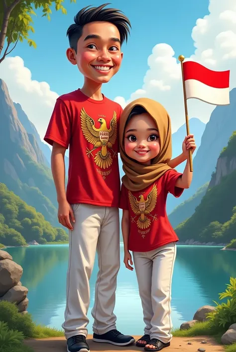 Create a 5D caricature of a short woman wearing a hijab and a tall Indonesian man wearing a batik headband with the word INDONESIA written on it. Both are 23 years old, smiling sweetly. The man has a sharp jawline, thin lips, almond-shaped eyes, sharp eyeb...