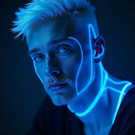 A handsome  man with white hair blue eyes closeup shot from side angle .... His face is mixed up in  blue neon lights in dark