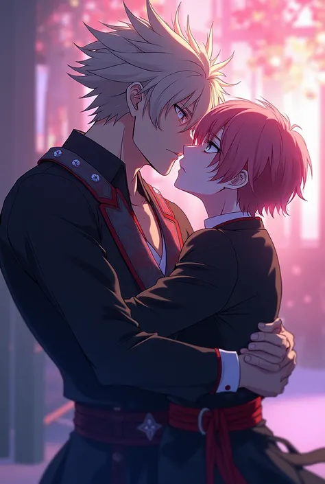 Adults boys, gay kiss, Itadori Yuji, and Ryomen Sukuna,  anime Jujutsu Kaisen, pink hair, short hair. 