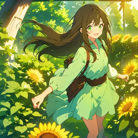 A boyish girl with long dark brown hair and green eyes、Highlight on eyes、celebration、bouquet、Detailed facial expressions、smile、whole body、Uplifting、smiling、Jumping、No background、Draw a single person