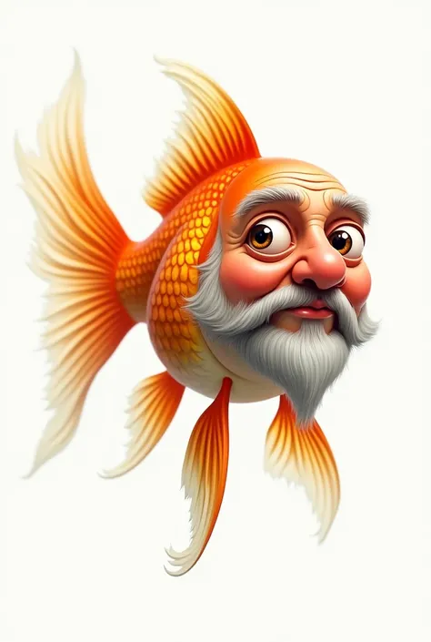 Caricature of a goldfish with a realistic old mans face, white background 