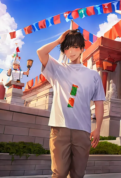 Create a 3D Realistic image of 22 years old boy is wearing White color shirt and saluting to indian flag and behind him red fort placed a hoisting flag on that, written Happy Independence Day 2024" on the sky and "SM Star Podcast" is written on his shirt w...