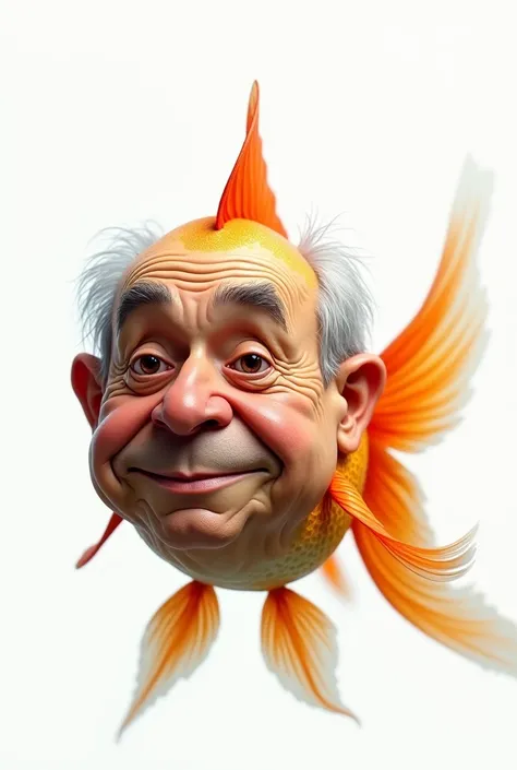 Caricature of a goldfish with a realistic old mans face, without beard, white background 