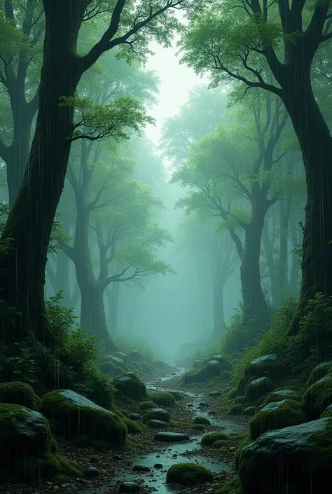 the image of a forest and , It needs to be raining and it needs to evoke an emotional and nostalgic feeling. 