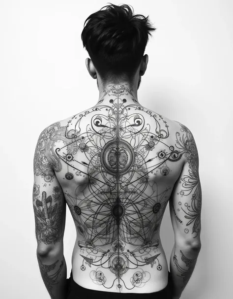 Tatouages ​​en fines lignes noires et blanches sur tout le dos, représentation très détaillé des mystères de la physique quantique, masterpiece, ultra détaillé