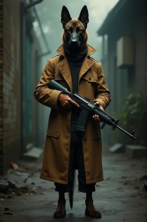 A belgian malinois in a trench coat. With a shotgun. 