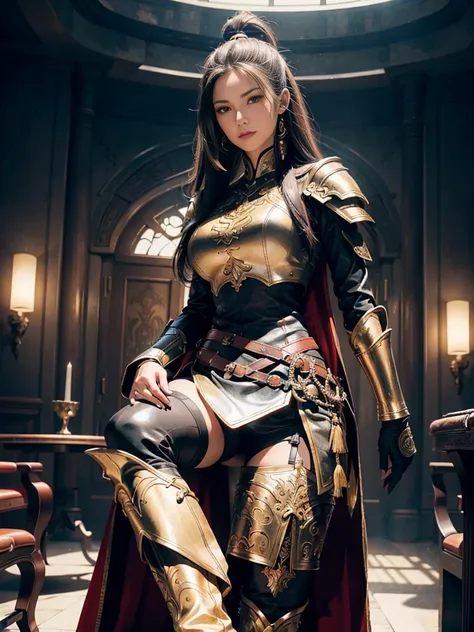 tmasterpiece，High-definition CG diagram，Beautiful female warrior，Detailed eyes and face，Tall figure，Full armor attire，Extra-long leather boots，Over-the-knee leather boots，Inside over the knee stockings，Brilliant armor colors，Exquisite decoration，General te...