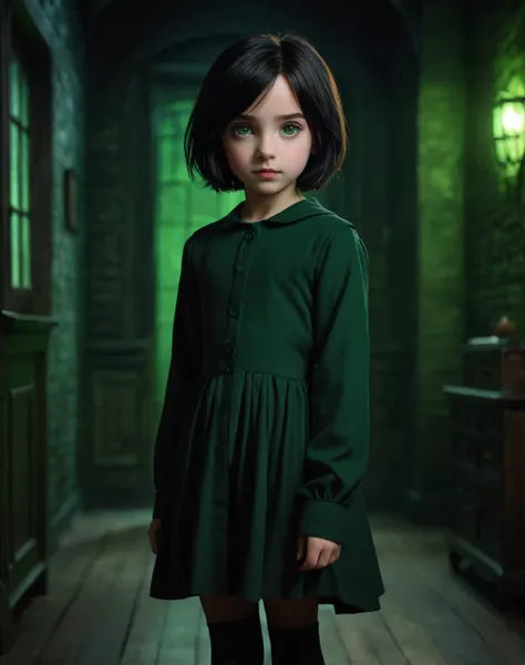 11 years old daughter of severus snape, green eyes , (highest quality), 1 girl, :d,((spooky dark room:1.6)),(((full body:1.3))),...