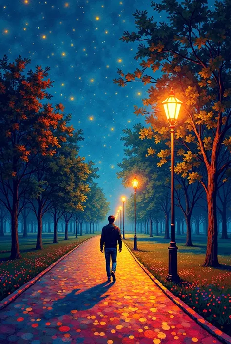 A surreal coloured stippling dot art of A man walks on path a surreal coloured stippling dot in the park with street lamps ,in the style of pointillism painting, night sky , blue yellow and red colors , orange lightings, in the style of anton pieck ,vivid ...