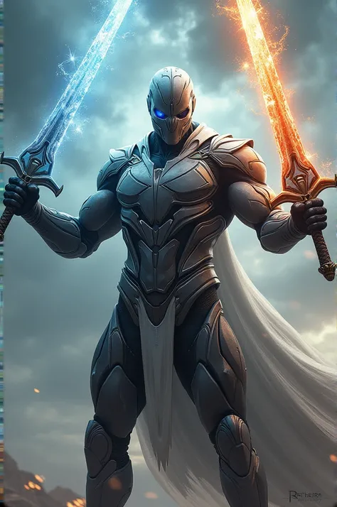 A man having winter sword in one hand and summer sword in another Hand and having a powerful suit with a superhero helmet