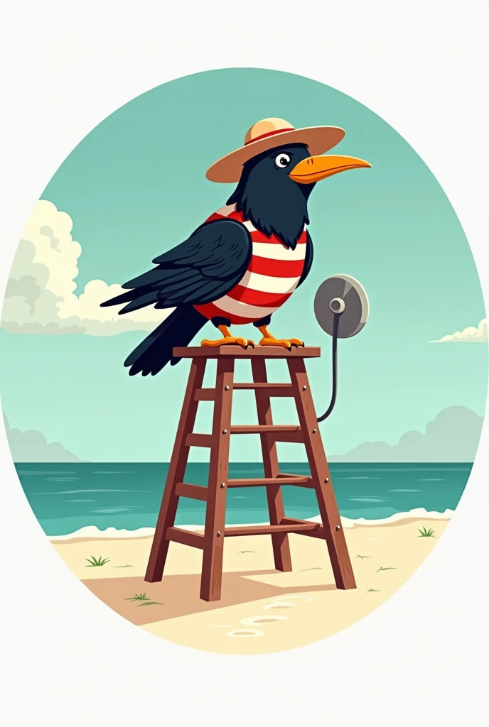 ((circle logo)), ((1950s)), (cartoon), black crow lifeguard wearing a red and white striped jumper and a straw hat sitting in a tall wooden lifeguard tower on a white sand beach, holding a small handheld antenna dish in wing