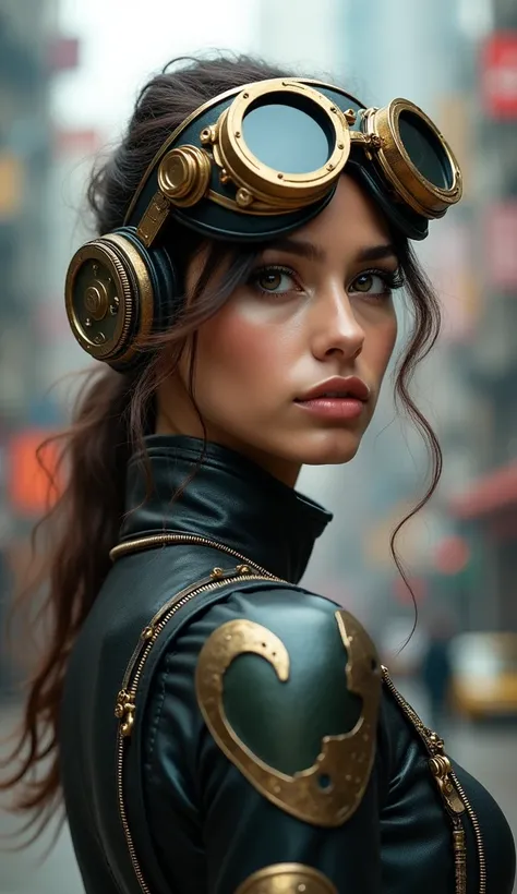 A (24-year-old Colombian woman:1.2), full body view, (facing the camera:1.1), detailed European features, (aspirational expression:1.1), ((steampunk-style goggles)), ((steampunk city in the background)), raw, analog style, ultra-detailed photography, cinem...