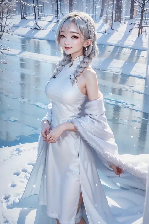 masterpiece、Highest quality、1 girl, winter, silver hair, Cute girl, smile, close mouse, large breasts, sideboob:1.4, white dress, winter clothes, long skirt, Fur coat、Small waist、Thin legs、outdoors, front of the lake, snow falling, Prayer Pose, join hands,...