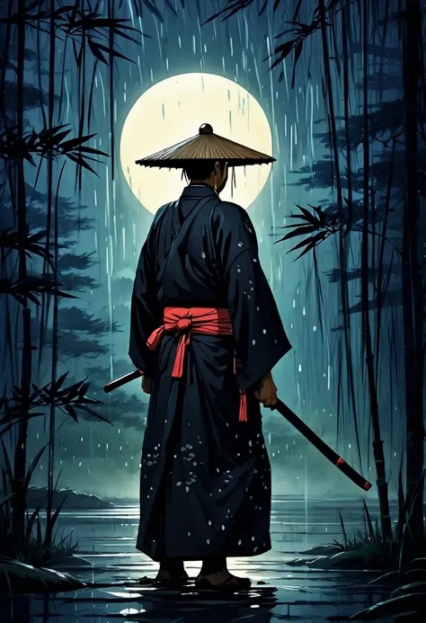 Midjourney, mj, Midjourney style, poster, light background, Close-up, (Best Quality,ultra detailed),dark,wet,artificial raindrops falling,ancient japanese warrior standing in the rain,japanese traditional bamboo hat(fail),dense forest landscape,majestic an...