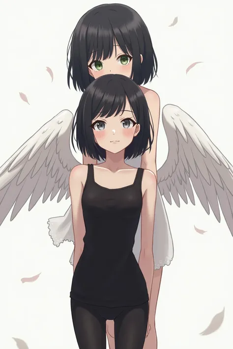 boy, Long hair black, black tank top and black leggings, grey eyes, Beautiful face, thin, a girl with white angel wings stands behind, shoulder length black hair, green eyes. anime art, masterpiece