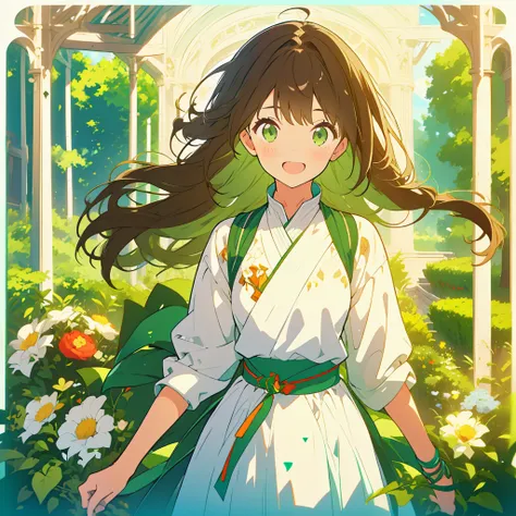 A boyish girl with long dark brown hair and green eyes、Highlight on eyes、celebration、bouquet、Detailed facial expressions、smile、whole body、Uplifting、Jumping、No background、Draw only one person、Only one person、Stereoscopic View