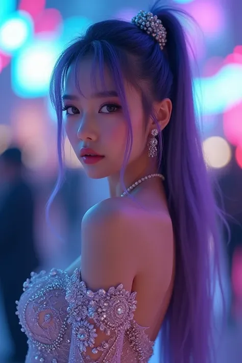 A girl k-pop idol (her wearing politely closed iris prom night glam sparkling bling bling dresses, her long purple blue hair beauty in ponytail braid, her mystic make up)