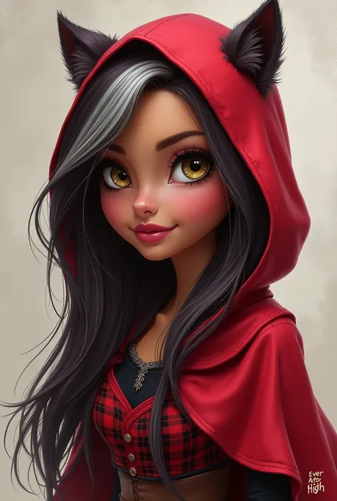 Cerise Hood from Ever After High has long, dark brown hair with several white streaks (predominantly on the left side) and slate gray-blue eyes. She has tan skin like her father. When she has her wolf-like outbursts, her eye color changes to yellow gold. C...