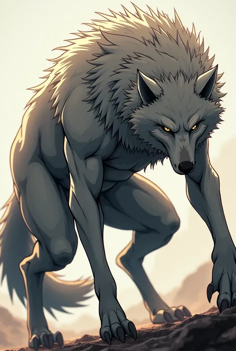 Wolf standing, leaning over nothing, standing with crossing leg, tilt 45 degree pose, anime style