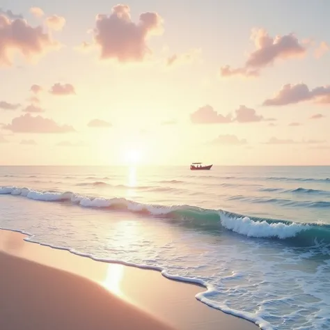 Create a serene ocean scene。The calm waves that continue to the horizon、Gently push it onto the beach and then release it。The soft light of the setting sun reflects off the surface of the sea.、It emits a golden glow。In the distance, a small boat is seen mo...