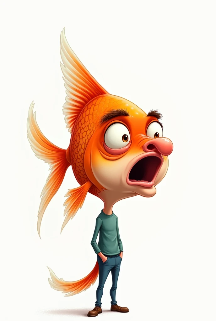 Caricature of a goldfish with a mans head, without, side view, white background 