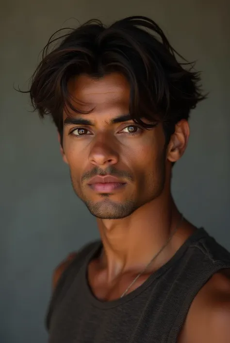  Brown man 187 cm tall, has medium dark slikeback hair model, with dark shiny eyes half western 
