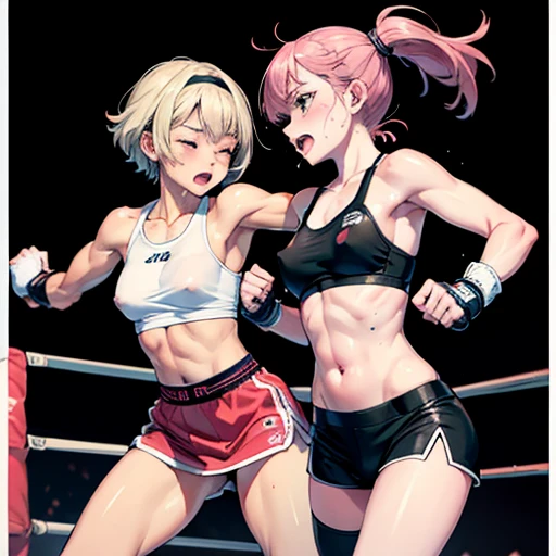  their punches are hitting to each others cheeks. they are beating each other so hard. bloody beautiful Japanese female fighters are fighting in the octagon. life or death struggle. survival battle. dynamic exciting action in the octagon fighting ring. who...