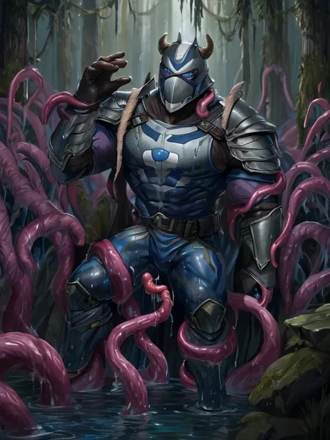 masked, superhero, hero, strong and robust male, armor, tentacle entanglement, uniform, binding hands togethe, foreign object in...