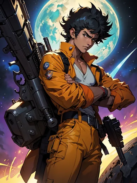 Spike Spiegel space cowboy is smoking, black hair,  guns, smart. highly detailed clothes. Cowboy bebop art. Spaceship 