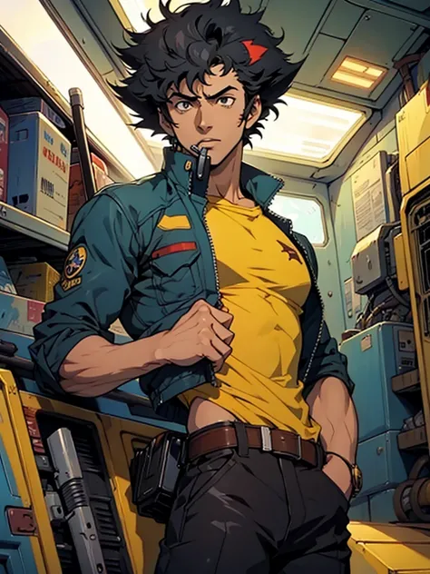 Spike Spiegel space cowboy is smoking, black hair,  guns, smart. highly detailed clothes. Cowboy bebop art. Spaceship 