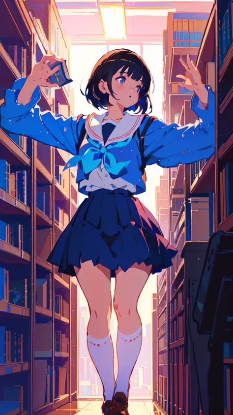 With arms outstretched、An anime character in a library with shelves full of books., artwork in the style of Gwaiz, Ilya Kuvshinov. 4k yen, Gwaiz, Anime Art Wallpapers 8K, Gwaiz on artstation pixiv, Gwaiz on pixiv artstation, Surreal school girl