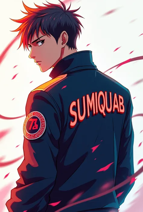 Anime man, facing back with side head wearing jacket with my last name SUMIQUIAB