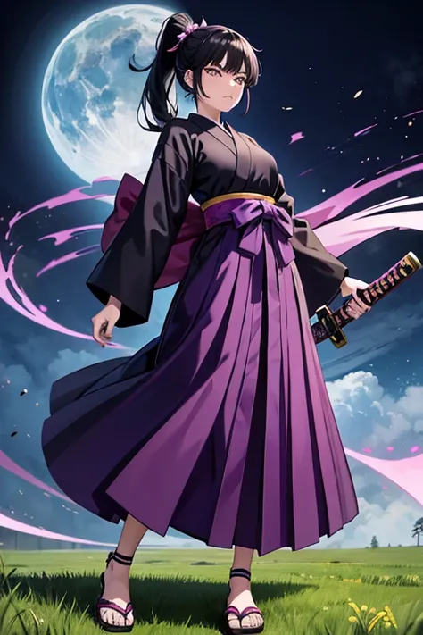 Anime Art、Full body portrait、Maid、The background is a grassland、A woman about 160cm tall wearing a purple kimono, holding a Japanese sword in each hand.、Black Hakama、Short ponytail、Black Hair、with an angry expression, her mouth open in a yell、White tabi、Sa...