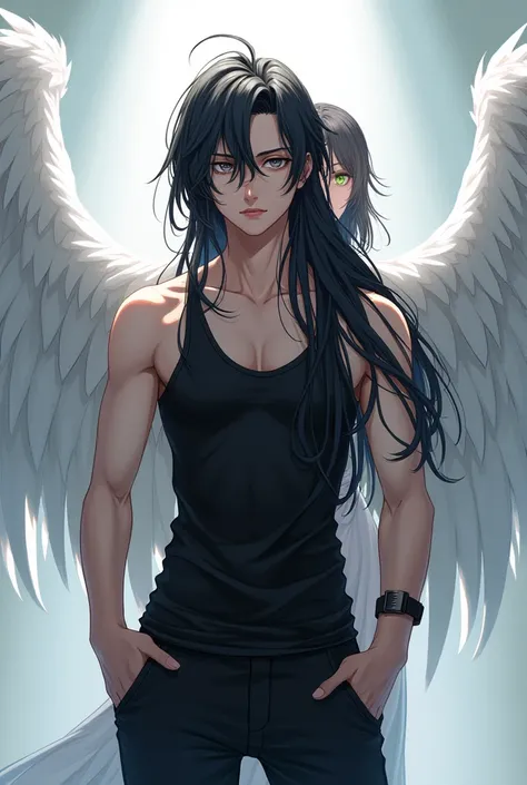 A guy with long black hair, black tank top and black leggings, grey eyes, Beautiful face, Beautiful skinny body, a girl with white angel wings stands behind, shoulder length black hair, green eyes. anime art, masterpiece