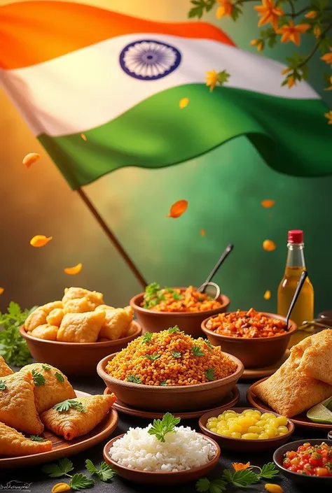 "Design a vibrant and festive 1080x1080 image celebrating Indias Independence Day, featuring traditional Indian foods like samosas, biryani, dosas, and sweets arranged creatively. Integrate elements of the Indian flag, using the colors saffron, white, and ...