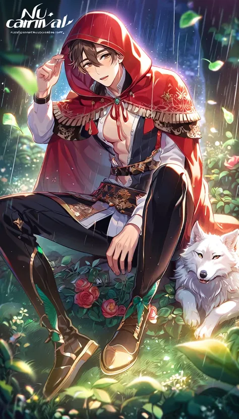 absurdres, highres, ultra detailed, HDR, master piece, best quality, extremely detailed, detailed eyes, Eiden, brown hair, expressive brown eyes, Nu Carnival, solo, sexy man sitting, handsome, horny, lewd, The Red Riding Hood And The Wolf, fantasy clothes,...