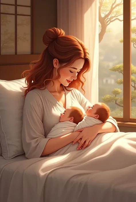 I want an image of a woman, about 48 years old, Asian, with wavy copper hair, breastfeeding her twins in bed.The hospital is Asian. 