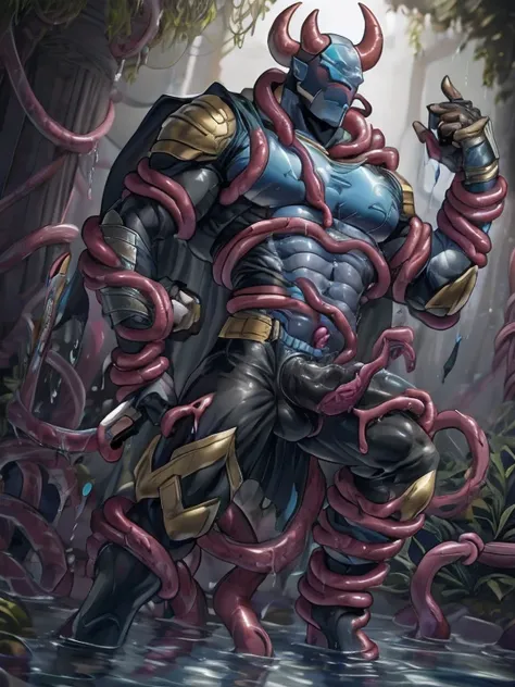 Superhero, hero, strong and robust male, Armor, Tentacle entanglement, uniform, Binding hands togethe, Foreign object invasion, monster breeding, wet, slime, tentacles, slimy tentacles, monster and human breeding, Complete wearing of trousers, Do not expos...