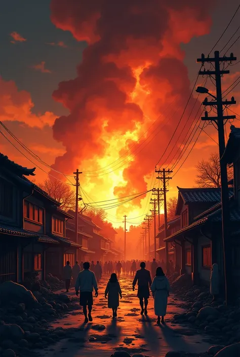 anime background Ancient Japanese village destroyed and burned night