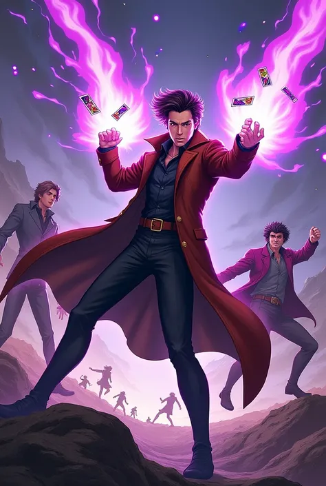 Gambit do x-man, wearing a brown overcoat, Throwing cards with a purple aura around them, fighting against multiple enemies in an anime style. 