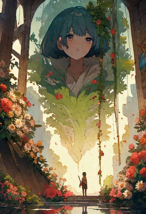 
painting of the sun shines through the leaves of a tree, flowers, hanging flowers, daisies, makoto shinkai. high detail, multicolored flowers, roses, overgrowth. by makoto shinkai, colorful, lofi, illustration, anime style, reflections. by makoto shinkai,...