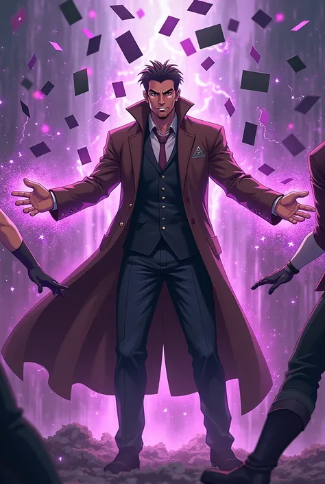 Gambit do x-man, wearing a brown overcoat, Throwing cards with a purple aura around them, fighting against multiple enemies in an anime style. 