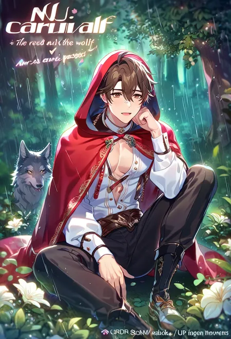 absurdres, highres, ultra detailed, HDR, master piece, best quality, extremely detailed, detailed eyes, Eiden, brown hair, expressive brown eyes, Nu Carnival, solo, sexy man sitting, handsome, horny, lewd, The Red Riding Hood And The Wolf, fantasy clothes,...