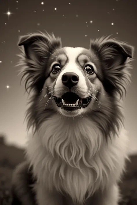 Close-up of a surprised Shetland Sheepdog, Starry sky in the background、Monochrome、Sepia、puppy